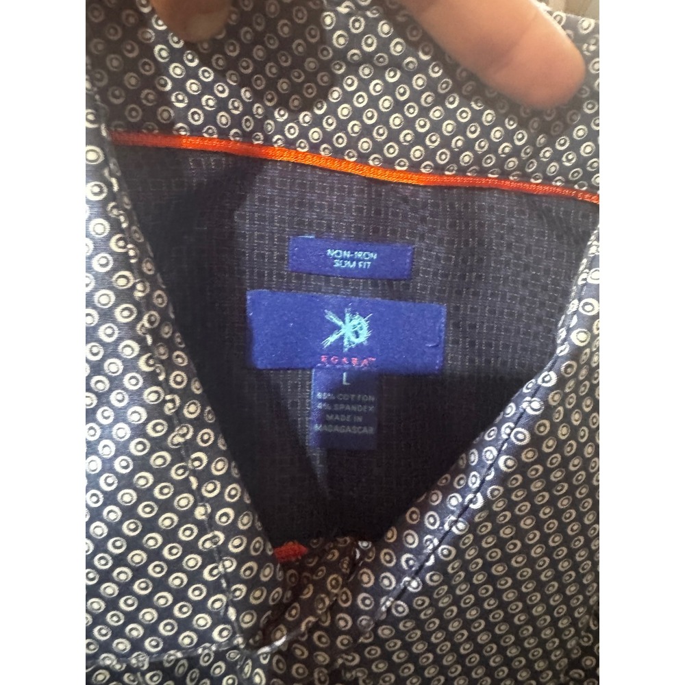 Egara Mens Slim Fit Non-Iron Dress Shirt Navy Blue Geometric Circle Print Large